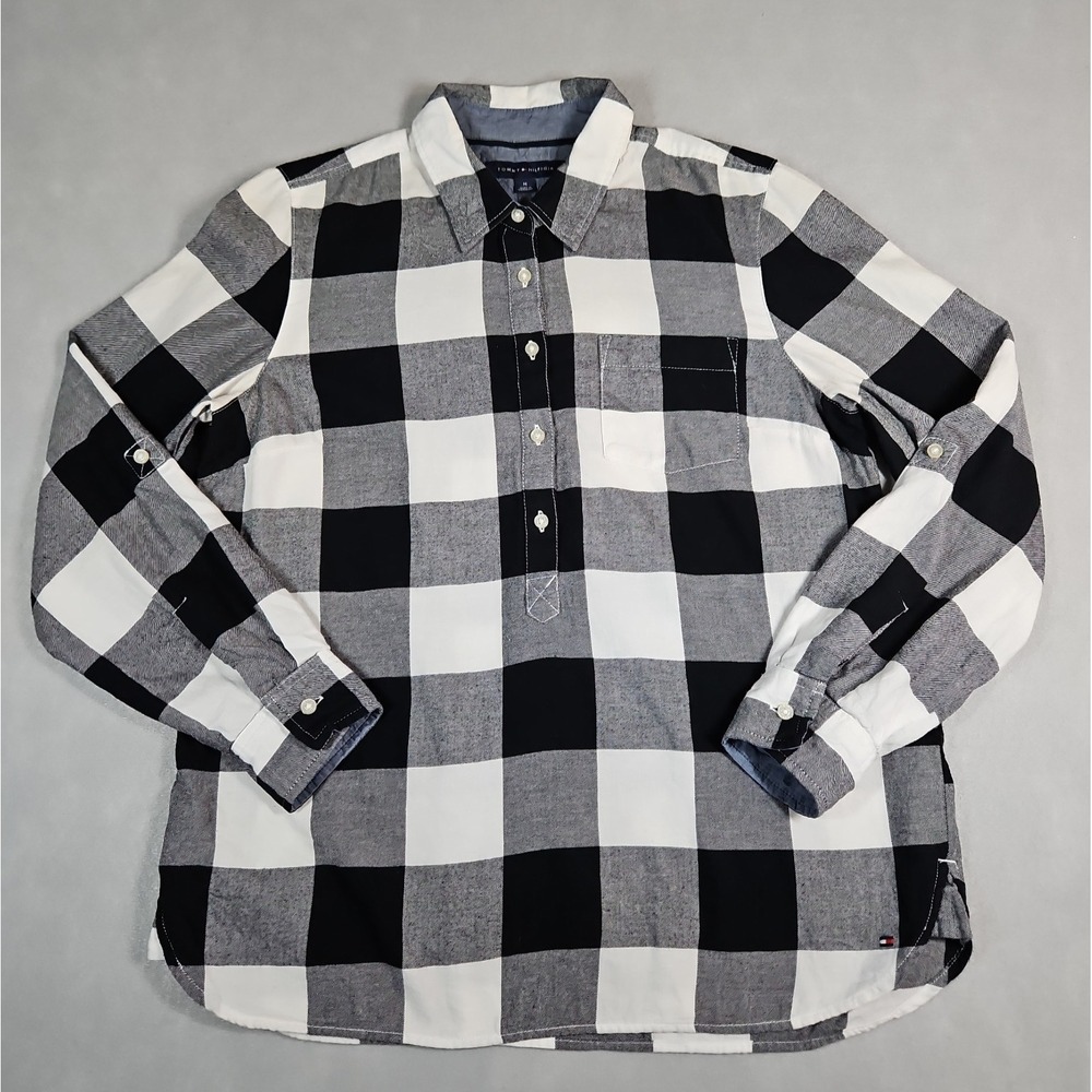 Tommy Hilfiger Womens Black White Buffalo Check Flannel Shirt Size Medium
